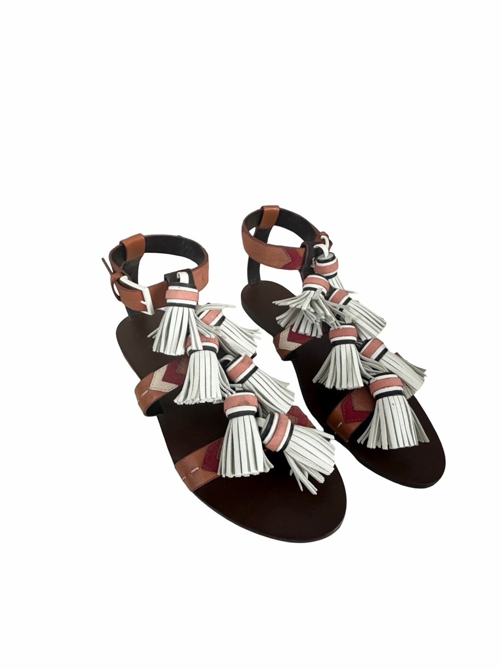 TORY BURCH Tassel Gladiator Leather Sandals Brown and White Sz 8M - Picture 5 of 6